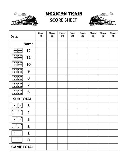 Printable Mexican Train Double 15 Score Sheet